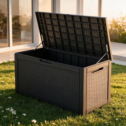 130 Gallon Deck Box,Lockable Outdoor Storage Box Gas Lift,Waterproof,Black
