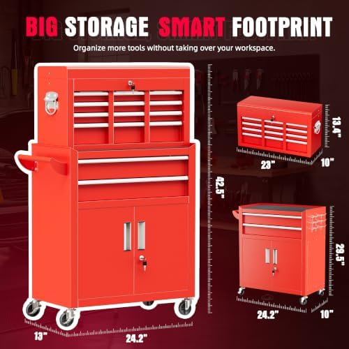Bonusall 8 Drawer Rolling Tool Chest and Cabinet Combo,Heavy-Duty Metal Garage Tool Chest with Wheels and 2 Doors,2-in-1 Top Box and Roller Cabinet Combo for Garage, Workshop, Warehouse-Red
