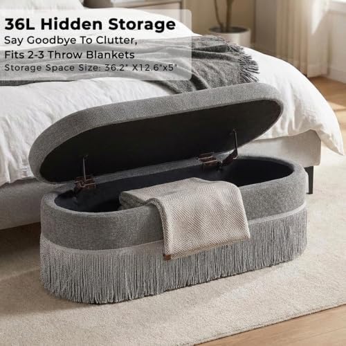39.4“Storage Ottoman Bench with Tassels, Oval End of Bed Bench for Bedroom