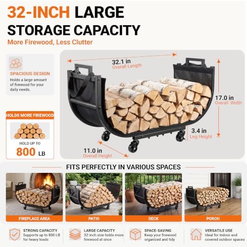 YQBRAO 32-Inch Firewood Rack, Rolling Firewood Cart with Log Carrier Bag