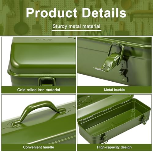 Tool Box, 16.9" Portable Metal Tool Organizer Box with Double Latch Closure and Handle, Heavy Duty Hip Roof Style Tool Chest for Household Workshop Car (Green)