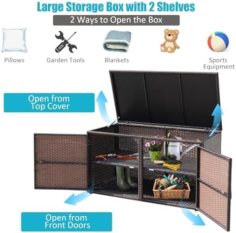 HAPPYGRILL Deck Box Outdoor Wicker Storage Box Cabinet, 88 Gallon Patio Rattan Storage Container Bin Box for Furniture Tools in Garden Balcony Porch Yard