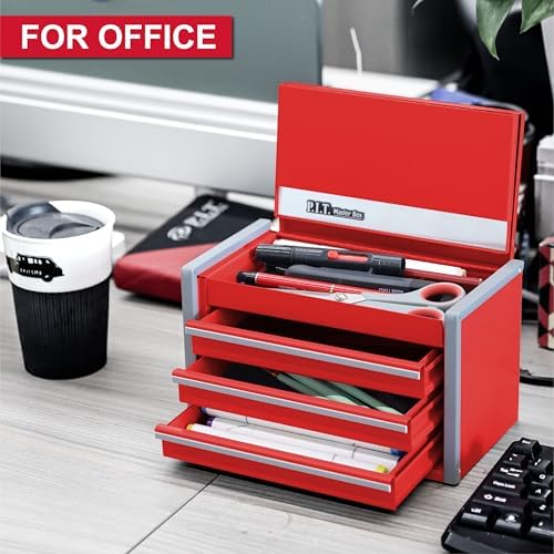 P.I.T. Mini Tool Box,3 Drawers Small Metal Toolbox for Tools Storage,Red