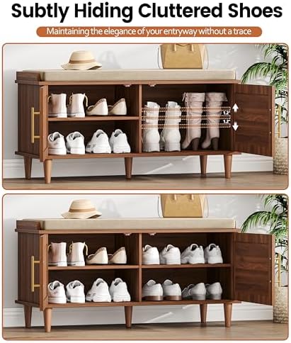 Akxomel 39.4" Rattan Shoe Storage Bench 2 Doors Entryway Bench Walnut