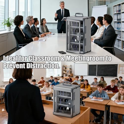 24 Slots Cell Phone Locker for Classroom with Key, Portable Mobile Phone Storage Box with Handle & Charging Hole, Phone Lock Box Wall Mounted for School (Black, 24 Slots)