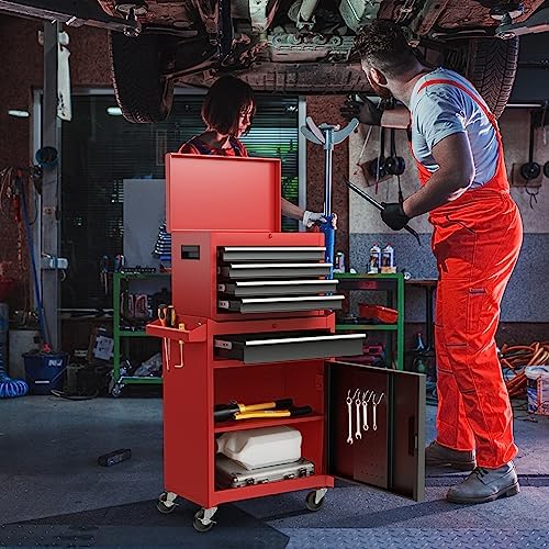 TANGZON Rolling Tool Chest Combo, Heavy Duty Lockable Tool Cabinet with Wheels, 5 Drawers, Adjustable Shelf, Hooks & Side Handle, 2-In-1 Detachable Tool Cart Trolley for Workshop Garage (Black+Red)