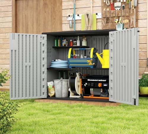 HOMSPARK Outdoor Storage Shed 37 Cu.Ft, All-Weather Resistant Resin Garden Sheds & Outdoor Storage Clearance with Floor, Double-Layer Plastic Tool Sheds for Patio, Garden & Lawn (Light Gray)