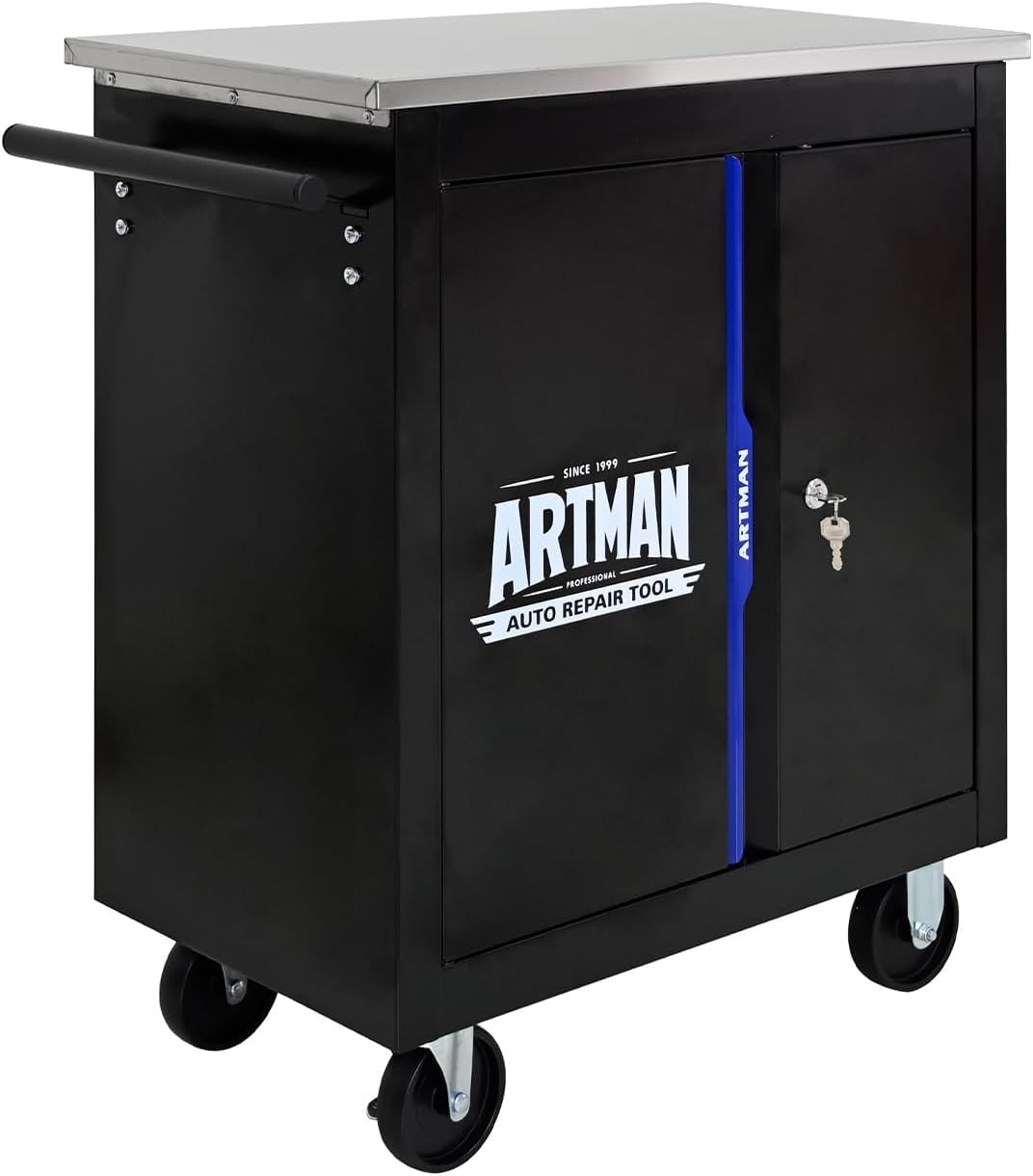 Double-Door Heavy-Duty Rolling Steel Tool Cart with Handle&Wheels, Metal Storage Organizer Cabinet, Tool Chest for Efficient Tool Storage in Garage, Warehouse, Workshop, Repair Shop, Blue