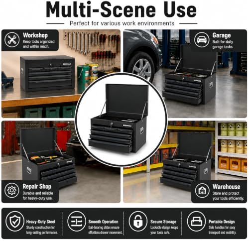 ARNOT Large Metal Tool Box, Tool Box with 6 Drawers & Top Tray, Heavy-Duty Steel Tool Chest with Auto-Locking Drawers and Side Handles for Garage & Workbench (Black)