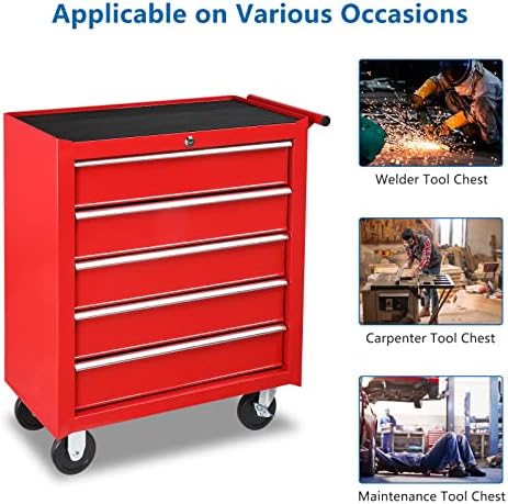 TUFFIOM 5-Drawer Rolling Tool Chest w/Drawers & Lock, Tool Storage Cabinet with Lockable Wheels, Top Cushion & Drawer Liners, Tool Organizer Box for Garage, Warehouse & Repair Sho