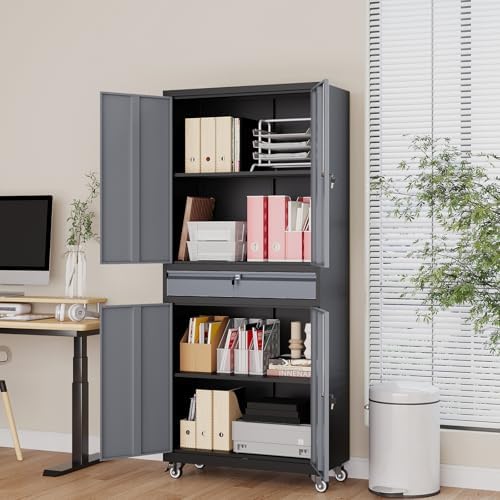 73" Metal Garage Storage Cabinet with Wheels， Rolling Tool Storage with Locking Doors， Adjustable Shelves and Drawer, Heavy Duty Steel Tool Cabinet for Garage, Warehouse, School(Black Grey)