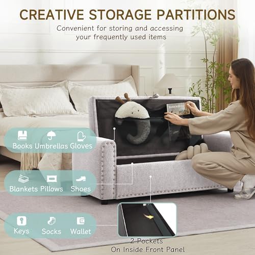 Ottoman with Storage, Tufted Storage Bench for Bedroom, 48" Fabrics End of Bed Bench, Upholstered Entryway Shoe Benches with Rolled Arm & Inner Zipper, Window Ottomans Chest with Rivets, Light Grey