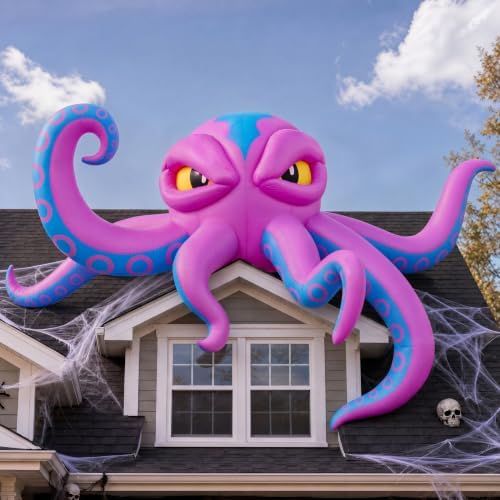 JOYIN 10FT Long Halloween Inflatable Rooftop Octopus Decoration with Built-in LED Lights, Self-Inflating Blow Up Octopus for Outdoor Yard Lawn Garden House Patio Porch, Spooky Glowing Halloween Decor