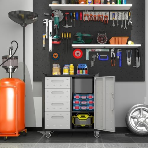 Metal Garage Storage Cabinet on Wheels, Lockable Rolling Tool Cabinet