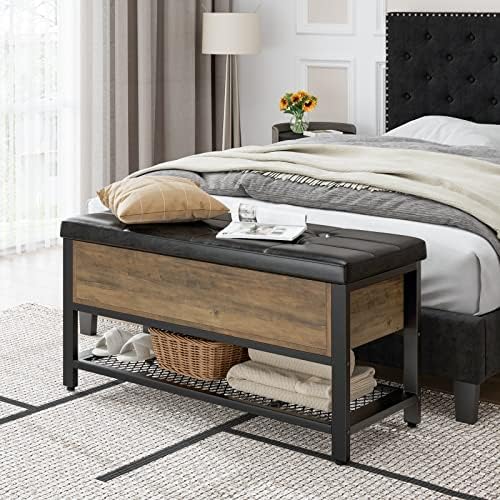 HOSTACK 40" W Storage Bench, Entryway Shoe Bench with Cushion, Rustic Brown
