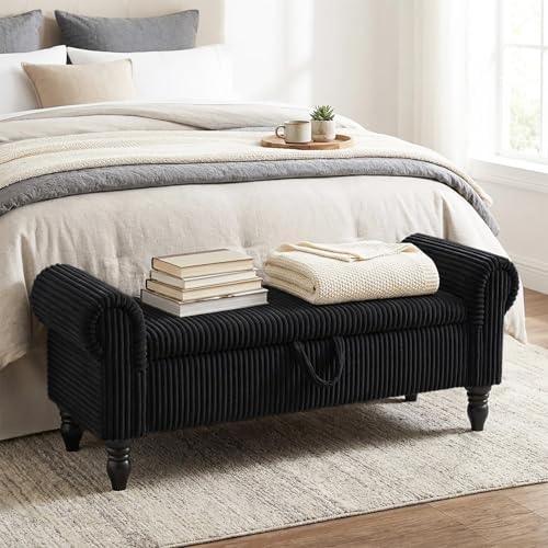 55" Corduroy Storage Ottoman Bench, Queen Bed, Black