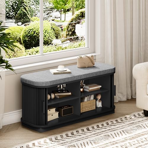 CHOEZON 39.4" Fluted Shoe Storage Bench with Cushion and Sliding Door