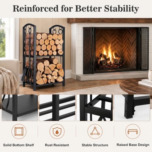 FEED GARDEN Firewood Rack Log Holder with 4-Piece Fireplace Tool Set, 29" H