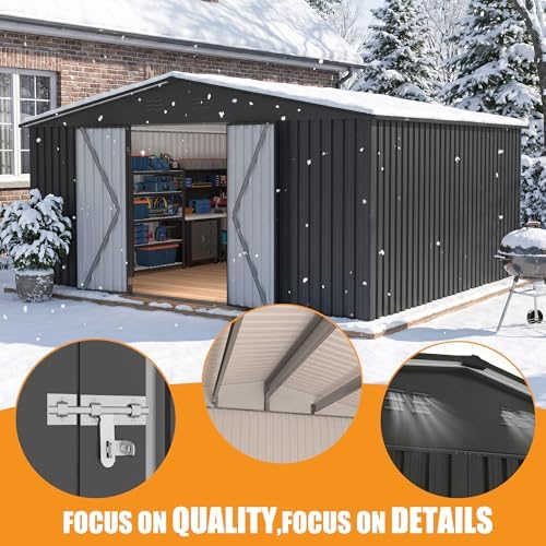 PABIMIA14X12 FT Outdoor Metal Storage Shed, Waterproof Storage Shed with Lockable Doors for Tools, Equipment, Ideal for Backyard Garden Patio Lawn