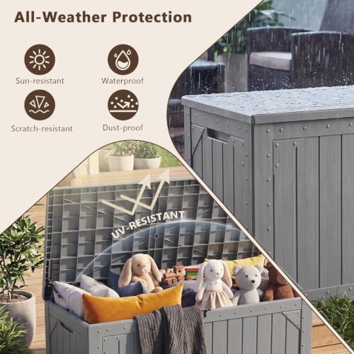 100 Gallon Outdoor Storage Box, Waterproof Large Resin Deck Box Lockable, Outside Storage Bin for Backyard Porch Patio Furniture Garden Tools, Grey
