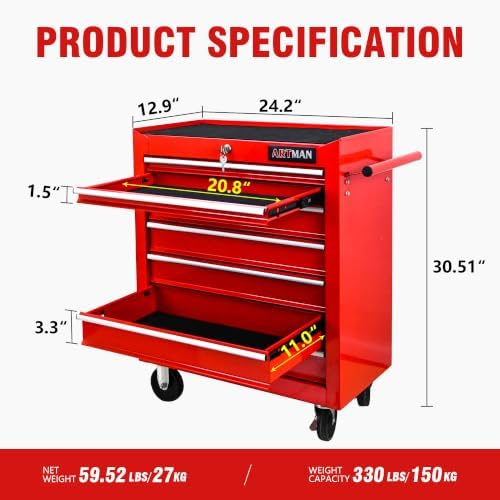 7 Drawers Rolling Tool Cart on Wheels, Multifunctional Organizer Tool Chest Tool Case, Trolley Tool Storage Tool Box for Workshop,Garage,Repair Shop (7 Drawers 24.2" W×12.9" D×30.51" H-Red)