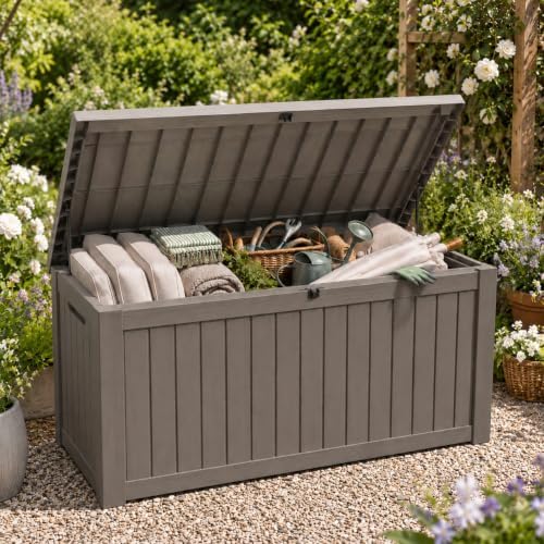 Outdoor Storage Box Resin Deck Box Waterproof Gray Brown 270 Gallon