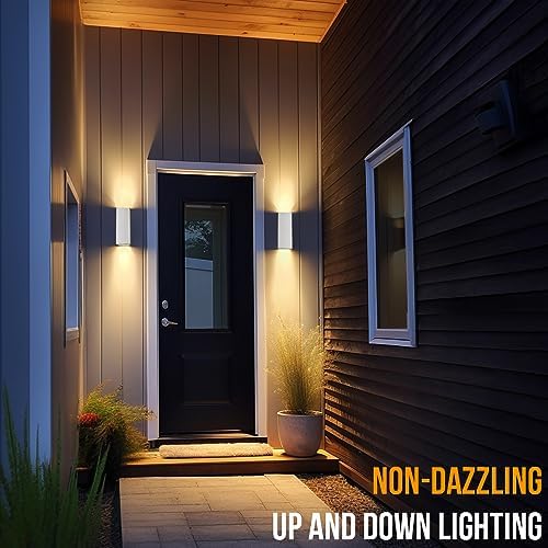 wowlite White Square Outdoor Wall Sconces, Dusk to Dawn, Up & Down, 2 Pack