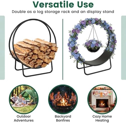 HAPPYGRILL 20” Firewood Log Hoop, Heavy Duty Metal Firewood Rack w/U-shaped Stand, Indoor Outdoor Round Wood Storage Holder for Fireplace, Patio, Deck, Backyard, Black Powder Coated, No Assembly