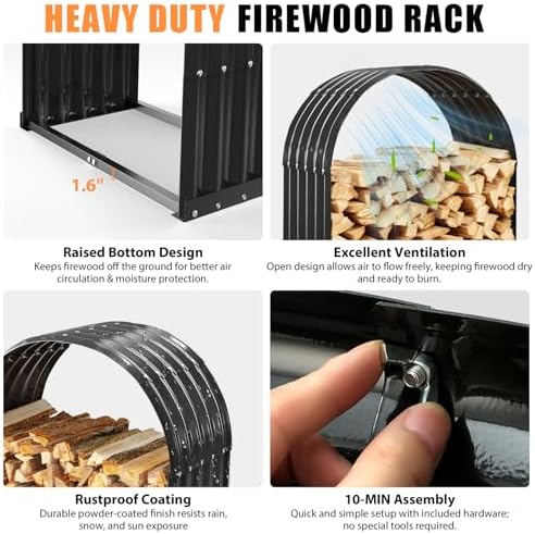Heavy Duty Firewood Rack with Top Cover, Outdoor Indoor Use, 700 LBS Capacity, Waterproof Galvanized Steel Fire Log Holder for Fireplace,Patio, Stylish Metal Fire Wood Storage Organizer Racks