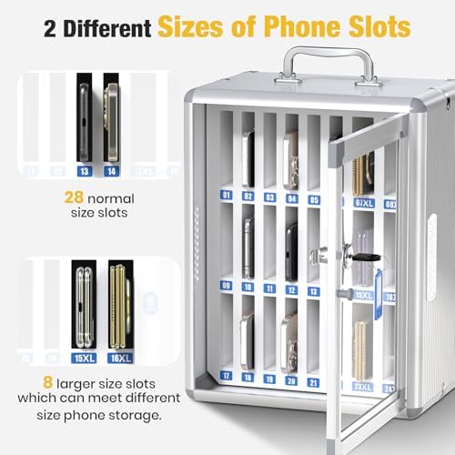 Glosen 36 Slots Cell Phone Storage Locker for Classroom, Portable Phone Locker with Key Lock & Handle, Wall Mounted Phone Lock Box for Office & School, Fits Most Smartphones (Silver)