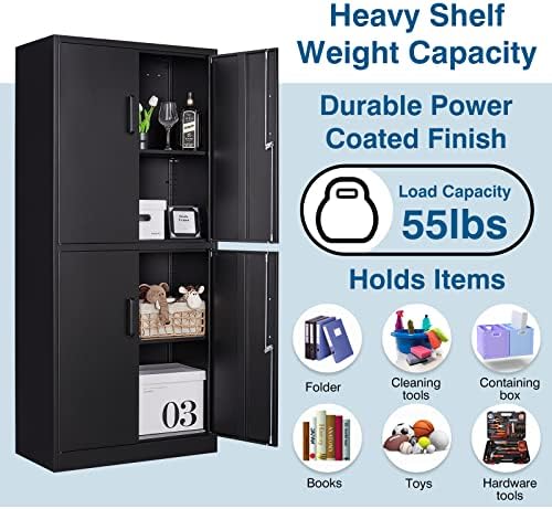 PEUKC Metal Storage Cabinet with Adjustable Shelves & Locking Doors, Tool Cabinets for Garage, Office, Home, School, Gym Storage (Black, 31.5" W x 15.7" D x 71" H - C)