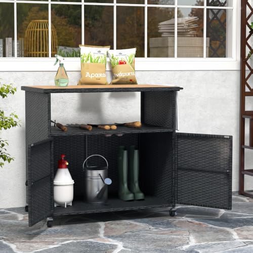 HAPPYGRILL Outdoor Storage Cabinet with Wheels, PE Rattan Deck Box (Black)