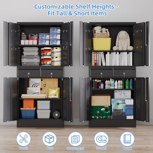 71-Inch Garage Storage Cabinet with 2 Drawers, Wheels and Pegboard