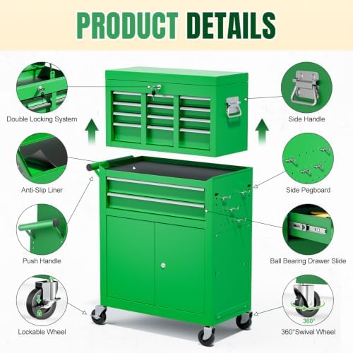 10-Drawer Rolling Tool Chest with wheels, Lockable 2-in-1 Tool Box