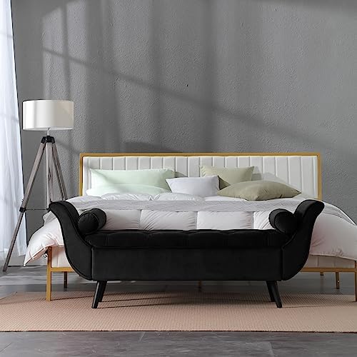 Velvet Storage Bench 65" Tufted End of Bed Ottoman with 2 Pillows (Black)