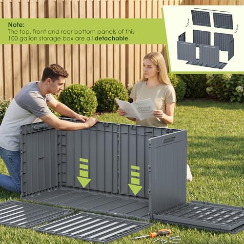 Devoko 100 Gallon Outdoor Storage Box, Waterproof Deck Box Lockable (Gray)