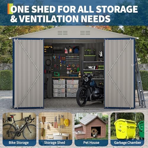 Garvee 10x10 FT Metal Storage Shed – Lockable Doors, Floor Frame, Blue