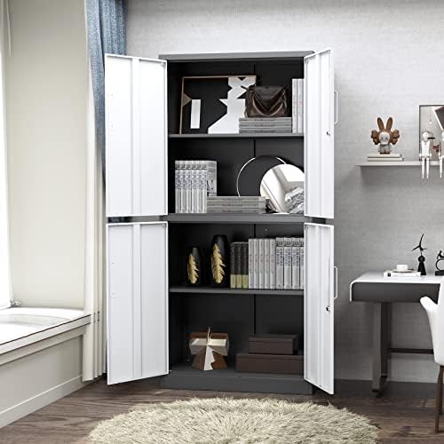 PEUKC Metal Storage Cabinet with Adjustable Shelves & Locking Doors, Tool Cabinets for Garage, Office, Home, School, Gym Storage (White Grey, 31.5" W x 15.7" D x 71" H - C)