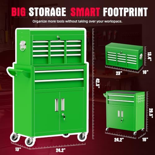Bonusall 8 Drawer Rolling Tool Chest and Cabinet Combo,Heavy-Duty Metal Garage Tool Chest with Wheels and 2 Doors,2-in-1 Top Box and Roller Cabinet Combo for Garage, Workshop, Warehouse-Green