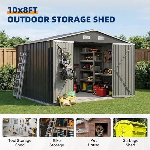 UDPATIO 10X8 FT Outdoor Storage Shed, Metal Shed for Patio&Garden,Grey