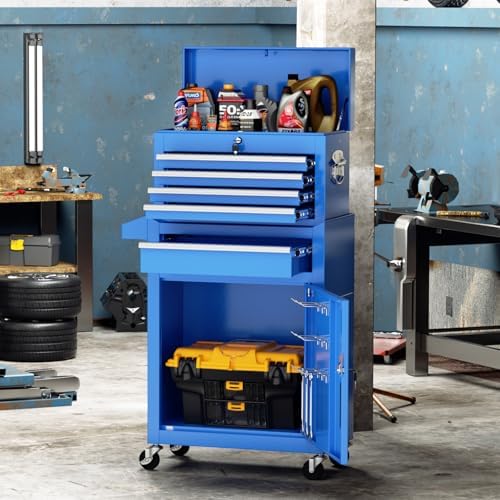 Oakcloud Heavy-Duty 5-Drawer Rolling Tool Chest & Cabinet Combo with Black Liner – Lockable Steel Garage Tool Box on Wheels – Detachable Top Toolbox & Bottom Storage Cart with Side Hooks