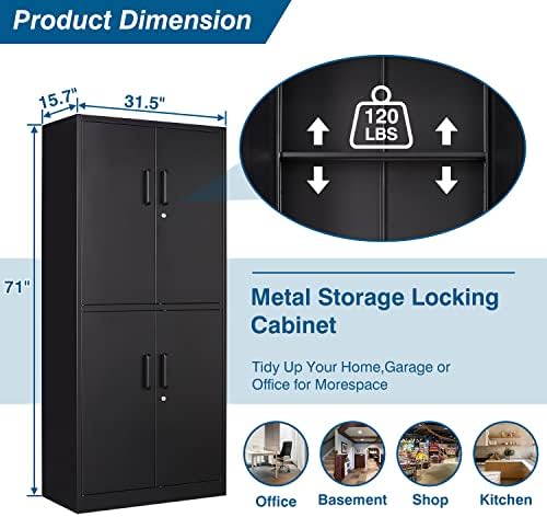 PEUKC Metal Storage Cabinet with Adjustable Shelves & Locking Doors, Tool Cabinets for Garage, Office, Home, School, Gym Storage (Black, 31.5" W x 15.7" D x 71" H - C)
