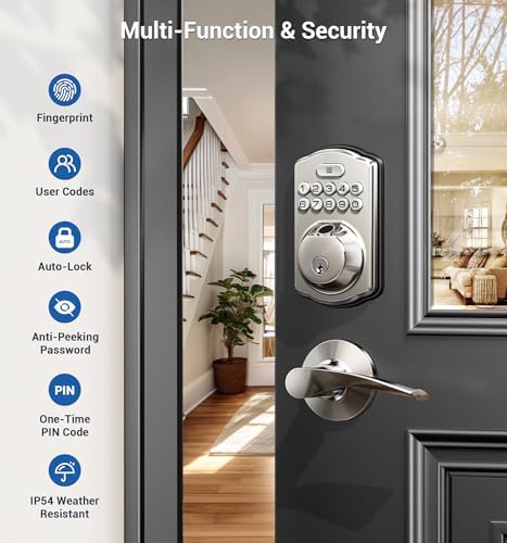 Veise Fingerprint Door Lock with 2 Door Knobs and Veise Fingerprint Door Lock with 2 Door Levers - Satin Nickel