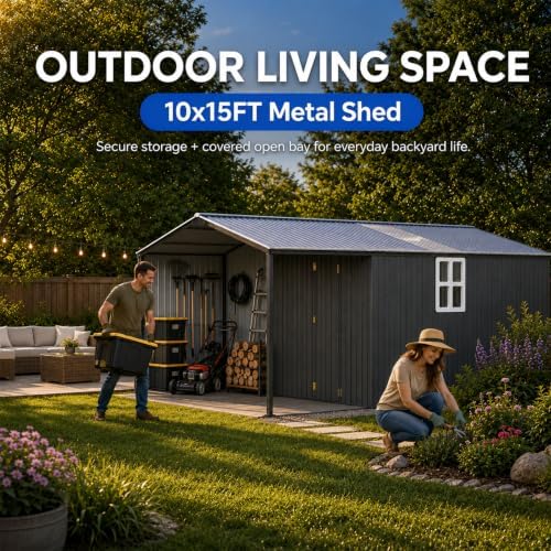 K Knowbody 10x15.5 FT Metal Storage Shed with Canopy，20-Gauge Frame