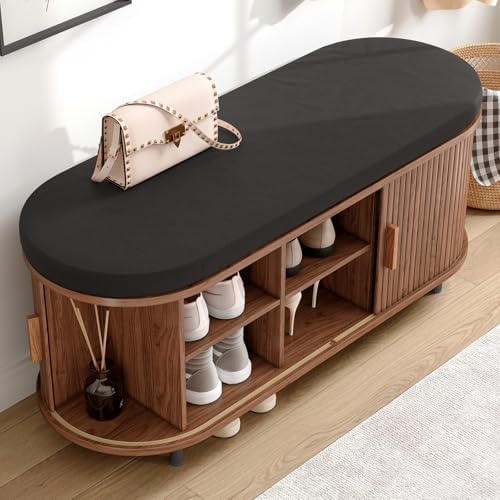 ONBRILL 43" Shoe Bench with Storage, Fluted Shoe Storage Bench, Walnut
