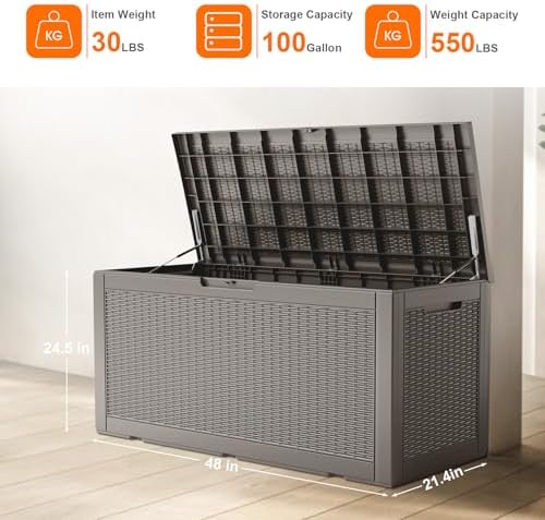 ROJIK 125 Gallon Waterproof Outdoor Deck Storage Box, Lockable Resin Patio Storage Bin with Lid for Garden Tools, Patio Cushions & Outdoor Accessories (Grey)