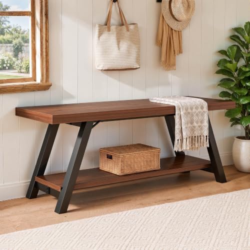 LVB Industrial Entryway Bench with Storage, Wood and Metal Bedroom Bench