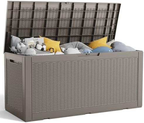 ROJIK 125 Gallon Waterproof Outdoor Deck Storage Box, Lockable Resin Patio Storage Bin with Lid for Garden Tools, Patio Cushions & Outdoor Accessories (Grey)