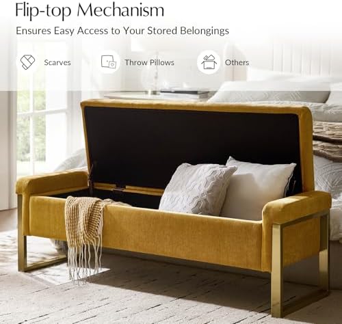 Modern Storage Ottoman Bench with Gold Metal Legs Upholstered Footrest End-of-Bed Bench with Hidden Storage, Hallway and Entryway Mustard