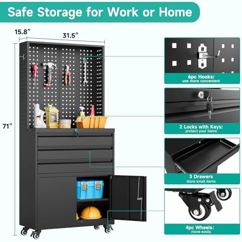 SISESOL Metal Storage Cabinet with Wheels and Drawers,Rolling Garage Storage Cabinet with Lock,Black Metal Tool Cabinet with Hooks,Tall Tool Cabinet on Wheels for Garage,Home,Office,Shop